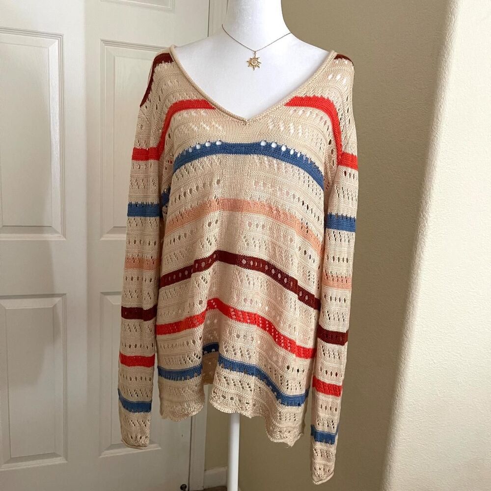 Maurices cream, red, blue, and beige striped knit sweater - size XL